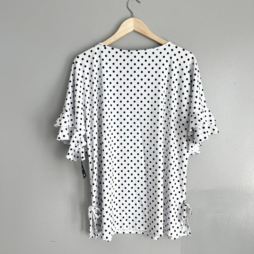 Robert Louis Polka Dot Blouse Top Flutter Sleeves Side Ties White Black 1X NWT